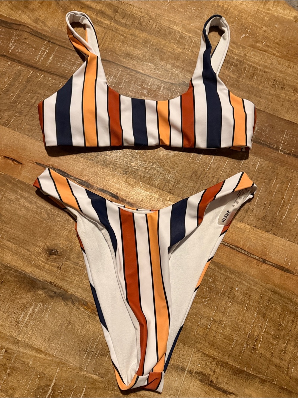 SHEIN White Navy Orange Striped Scoop Bikini Set
